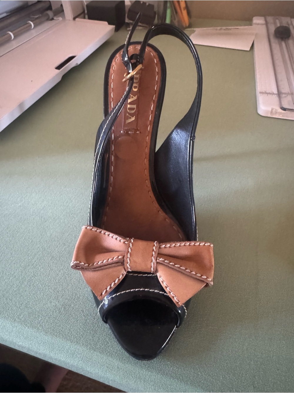 Vintage Prada Black Slingback Peep-Toe Heel with Tan Bow